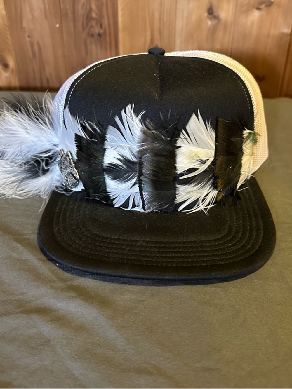 Handmade Black and White Feather Flatbill Trucker Hat